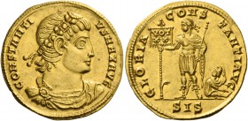 Constantius II, 337 – 361. Solidus, Siscia 337-340, AV 4.39 g. CONSTANTI – VS MAX AVG Rosette diademed, draped and cuirassed bust l. Rev. GLORIA – CON...