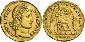 Constantius II, 337 – 361. Solidus, Constantinople circa 337-340, AV 4.53 g. D N CONSTAN – TIVS P F AVG Pearl and rosette diademed head r. Rev. VICTOR...