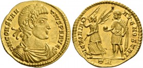 Constantius II, 337 – 361. Solidus, Treviri 353, AV 4.56 g. D N CONSTAN – TIVS P F AVG Laurel, rosette-diademed, draped and cuirassed bust r. Rev. VIC...