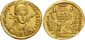 Constantius II, 337 – 361. Solidus, Antiochia 355–361, AV 4.38 g. FL IVL CONSTAN – TIVS PERP AVG Diademed, draped and cuirassed bust facing, holding s...