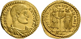Magnentius, 350 – 353. Solidus, Treveri 350, AV 4.38 g. IMP CAE MAGN – ENTIVS AVG Bareheaded, draped and cuirassed bust r. Rev. VICTORIA AVG LIB ROMAN...
