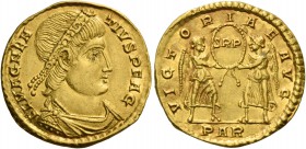 Magnentius, 350 – 353. Solidus, Arles 350-351, AV 4.37 g. FL MAGNEN – TIVS P F AG Pearl and rosette diademed, draped and cuirassed bust r. Rev. VICTOR...