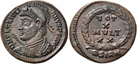 Julian II augustus, 360 – 363. Æ3, Sirmium 361-363, Æ 3.33 g. D N FL C L IVLI – ANVS P F AVG Peal-diademed, helmeted and cuirassed bust l., holding sp...