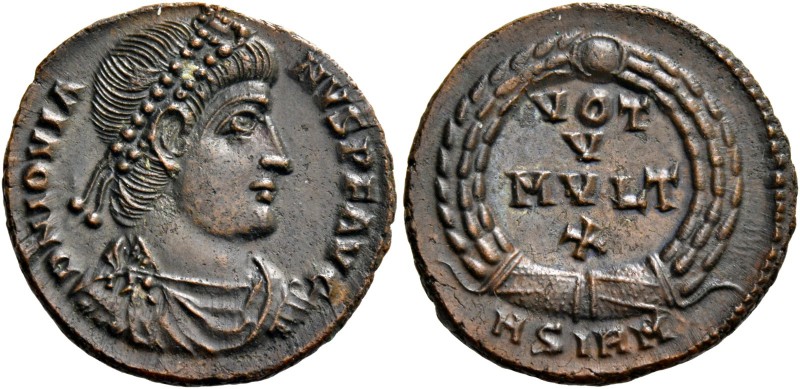 Jovian, 363 – 364. Æ3, Sirmium 363-364, Æ 3.39 g. D N IOVIA – NVS P F AVG Pearl-...