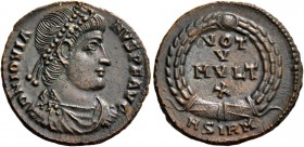 Jovian, 363 – 364. Æ3, Sirmium 363-364, Æ 3.39 g. D N IOVIA – NVS P F AVG Pearl-diademed and draped bust r. Rev. VOT / V / MVLT / X within wreath. In ...