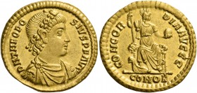 Theodosius I, 379 – 395. Solidus, Constantinopolis 379-383, AV 4.44 g. DN THEODO – SIVS P F AVG Rosette and pearl diademed, draped and cuirassed bust ...