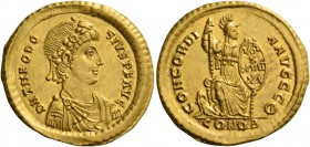 Theodosius I, 379 – 395. Solidus, Constantinopolis 383-388, AV 4.42 g. D N THEODO – SIVS P F AVG Rosette diademed, draped and cuirassed bust r. Rev. C...