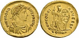 Theodosius I, 379 – 395. Solidus, Constantinopolis 383-388, AV 4.44 g. D N THEODO – SIVS P F AVG Rosette diademed, draped and cuirassed bust r. Rev. C...