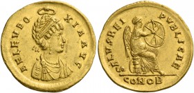 Aelia Eudoxia, wife of Arcadius. Solidus, Constantinopolis 402-403, AV 4.50 g. AEL EVDO – XIA AVG Pearl-diademed and draped bust r., crowned by the ha...