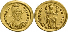 Honorius, 393 – 423. Solidus, Constantinopolis 397-402, AV 4.43 g. D N HONORI – VS P F AVG Helmeted, pearl-diademed and cuirassed bust facing three-qu...