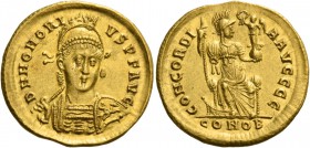Honorius, 393 – 423. Solidus, Constantinopolis 402-403, AV 4.49 g. D N HONORI – VS P F AVG Helmeted, pearl-diademed and cuirassed bust facing three-qu...