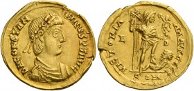 Constantine III, 407 – 411. Solidus, Lugdunum 407-408, AV 4.50 g. D N CONSTAN – TINVS P F AVG Rosette-diademed, draped and cuirassed bust r. Rev. VICT...