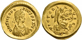 Theodosius II, 408 – 450. Semis, Constantinopolis circa 420 or 422, AV 2.23 g. DN THEODO – SIVS P F AVG Pearl-diademed, draped and cuirassed bust r. R...