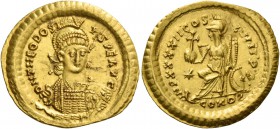 Theodosius II, 408 – 450. Solidus, Constantinopolis 441-450, AV 4.46 g. D N THEODOSI – VS P F AVG Helmeted, pearl-diademed and cuirassed bust facing t...