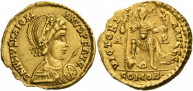 Majoran, 457 – 461. Solidus, Arles 457–461, AV 4.24 g. D N IVLIVS MAIORI – ANVS P F AVG Helmeted, diademed, draped and cuirassed bust r., holding spea...