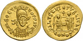 Leo II, 18 January – 17 November 474, and Zeno from 9 February. Solidus, Constantinopolis circa 474, AV 4.46 g. DN LEO Et Z – ENO P P AVG Helmeted, di...