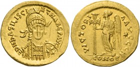 Basiliscus and Marcus joint reign, Autumn 475 – August 476. Solidus, Constantinopolis 475-476, AV 4.44 g. DN bASILISCI – Et MARC P AVG Helmeted, pearl...