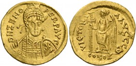 Zeno second reign, 476 – 491. Solidus, Constantinopolis 476-491, AV 4.42 g. D N ZENO – PERP AVG Pearl-diademed, helmeted and cuirassed bust facing, th...