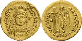 Athalaric, 526-534. In the name of Justin, 518-527. Solidus, Rome 526-527, AV 4.43 g. D N IVSTI – NVS P F AVG Helmeted, pearl-diademed and cuirassed b...