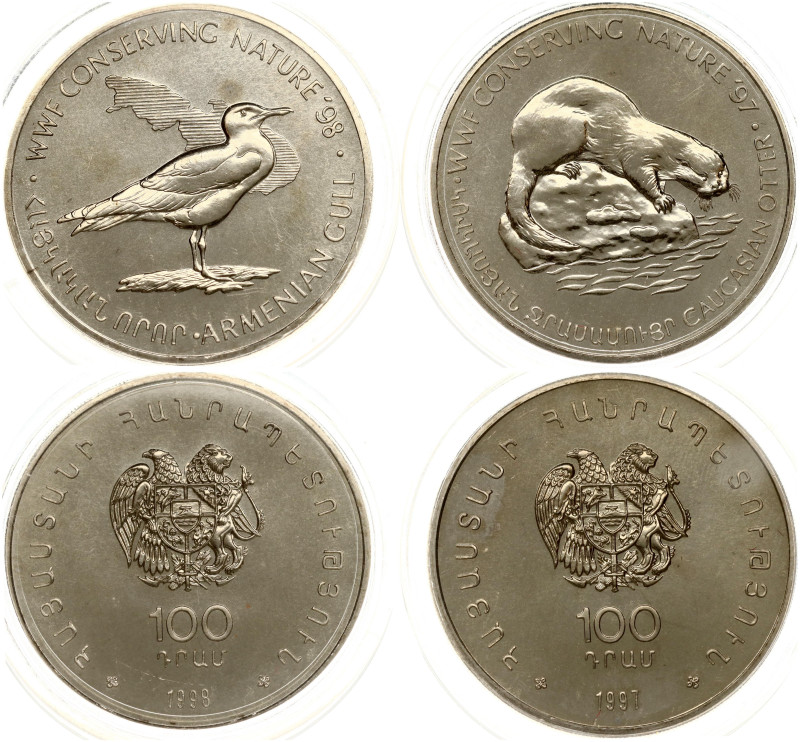 Armenia. 100 Dram 1997 & 1998 Caucasian otter, Armenian silver seagull. Copper-n...