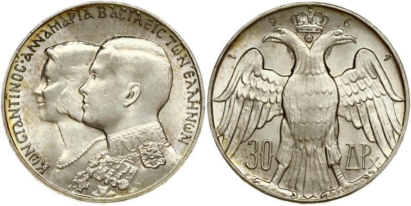 Greece. Constantine II (1964-1973). 30 Drachmai 1964 Royal Marriage. Silver .835...