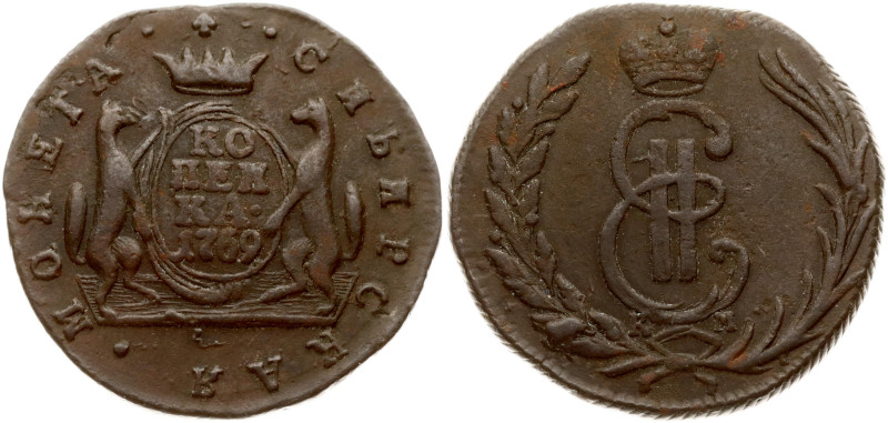 Russia, Siberian. Catherine II (1762-1796). Kopeck 1769 КМ. Copper 7.16 g. Bitki...