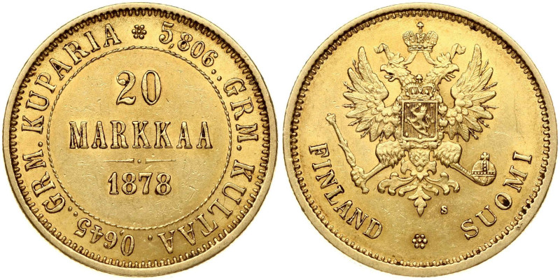 Russia for Finland 20 Markkaa 1878 S Alexander II (1854-1881). Obverse: Crowned ...