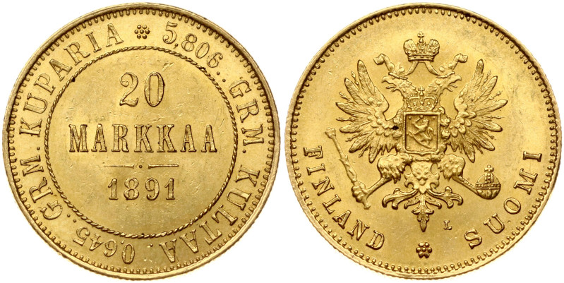Russia For Finland. Alexander III (1881-1894). 20 Markkaa 1891 L. Gold 6.44 g. B...