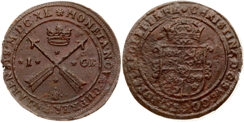 Sweden. Christina (1632-1654). 1 Ore 1640. Copper 49.23 g. KM 161. Small corrosi...