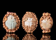 COLLECTION OF EGYPTIAN PALE GREEN FAIENCE SCARABS IN GOLD FRAME WITH FILIGREE