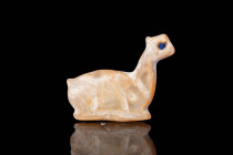 MESOPOTAMIAN WHITE STONE APPLIQUE DEPICTING A SEATED ANIMAL WITH ORIGINAL PROF. LAMBERT REPORT