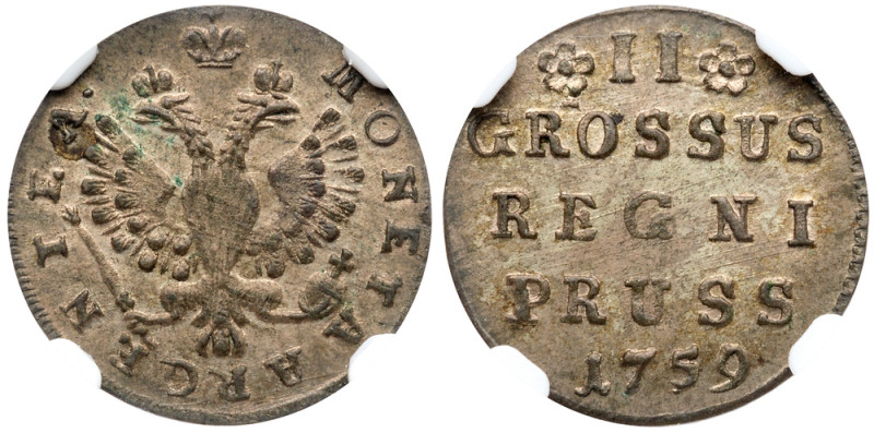 II Groschen 1759.

Königsberg. 1.43 gm. Numerals in value II close together. O...