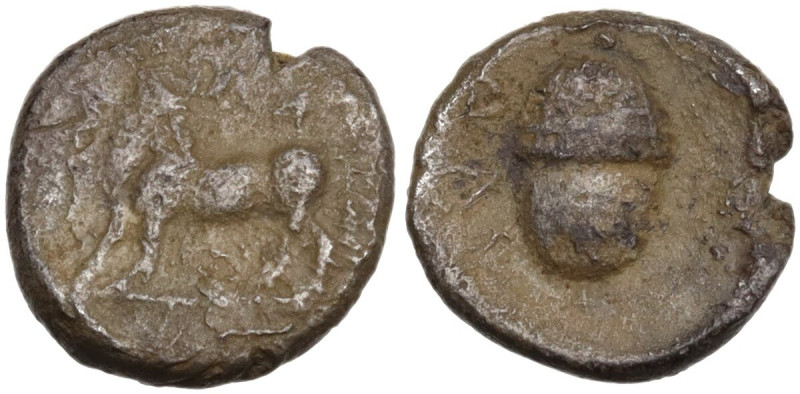 Greek Italy. Bruttium, Laus. AR Triobol, c. 480-460 BC. Obv. ΛΑΣ. Man-headed bul...