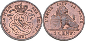 Belgium. Leopold II (1835-1909). Cent 1907, Brussels mint. KM 33. CU. 2 g. 16.5 mm. Red copper. FDC.