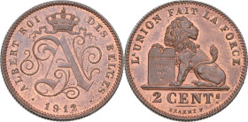 Belgium. Albert I (1909-1934). 2 Centimes 1912. KM 64. CU. 4.07 g. 22 mm. Red copper. Rare as such. FDC.