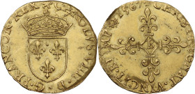 France. Charles IX (1560-1574). Ecu d'or au soleil 1567 B, Rouen mint. Duplessy 1057; Fried. 378. AV. 3.4 g. 23.5 mm. R. About EF.