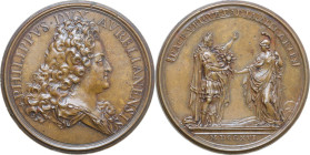 France. Philip I of Bourbon-Orleans (1640-1701). Medal 1716. Obv. PHILIPPVS DVX AVRELIANENSIS. Bust to right. Rev. PACE VBIQVE PARTA ALIT ARTES. The s...