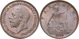 Great Britain. George V (1910-1936). Farthing 1928. KM 825. CU. 2.94 g. 20 mm. Traces of red copper. About FDC.