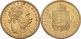 Hungary. Franz Joseph I (1848-1916). 8 Florint or 20 Francs 1884 KB, Kremnitz mint. KM 467; Fried. 243. AV. 6.42 g. 21 mm. About EF/EF.