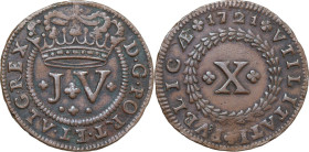 Portugal. Joao V (1706-1750). 10 Reis 1721. KM 191. AE. 10.08 g. 36 mm. Good VF.