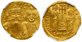 Constans II with Constantine IV, Heraclius and Tiberius (AD 641-668). Gold Solidus (4.42 g). Constantinople, 8th officina, struck AD 662-667.