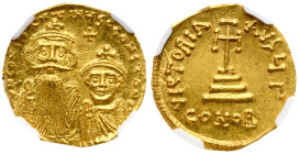 Constans II with Constantine IV (AD 641-668). Gold Solidus (4.42 g). Constantinople, 3rd officina, struck AD 654-659.