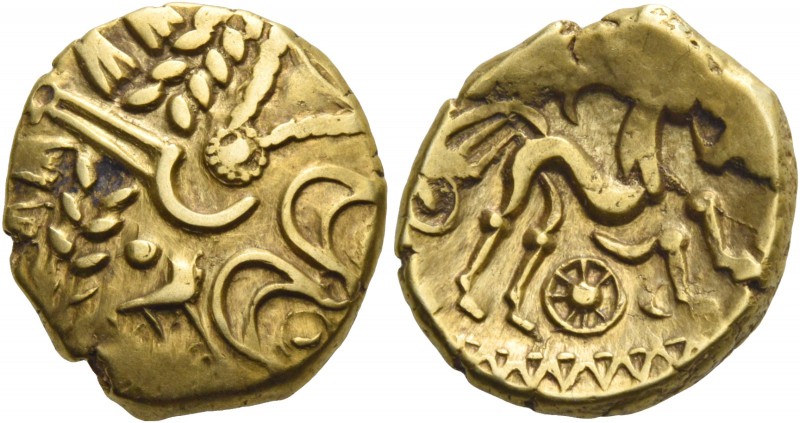 Belgic Gaul, Suessiones. Stater 2nd to 1st century BC, AV 6.04 g. Stylised human...