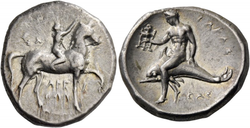 Calabria, Tarentum. Nomos circa 302-280 BC, AR 7.87 g. Boy rider r., crowning hi...