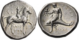 Calabria, Tarentum. Nomos circa 302-280 BC, AR 7.87 g. Boy rider r., crowning his horse; above, ΣΑ and below horse, ΑΡΕ / ΘΩΝ. Rev. Oecist riding dolp...