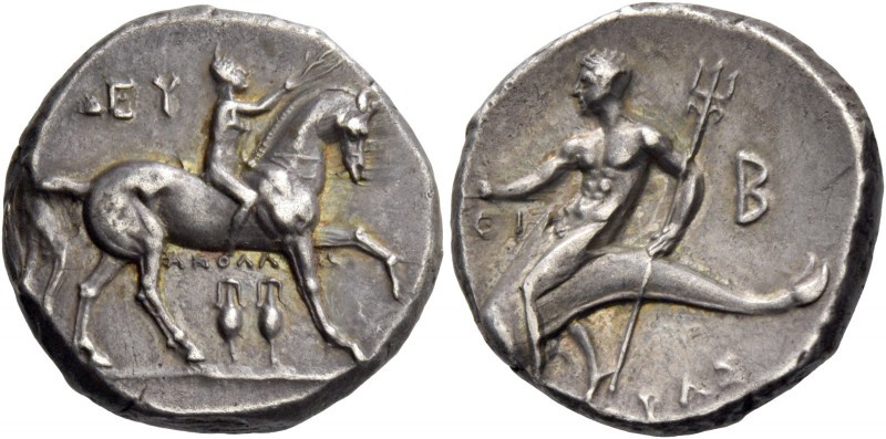 Calabria, Tarentum. Nomos circa 280-272, AR 6.46 g. Nude youth on horseback r., ...