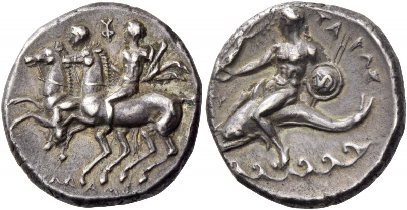 Calabria, Tarentum. Nomos circa 280-272, AR 6.52 g. Dioscuri riding l. side by s...