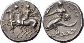Calabria, Tarentum. Nomos circa 280-272, AR 6.52 g. Dioscuri riding l. side by side. Rev. Oecist riding dolphin l., holding shield and spears, crowned...