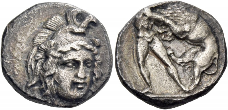 Lucania, Heraclea. Nomos circa 390-340, AR 6.83 g. Helmeted head of Athena facin...