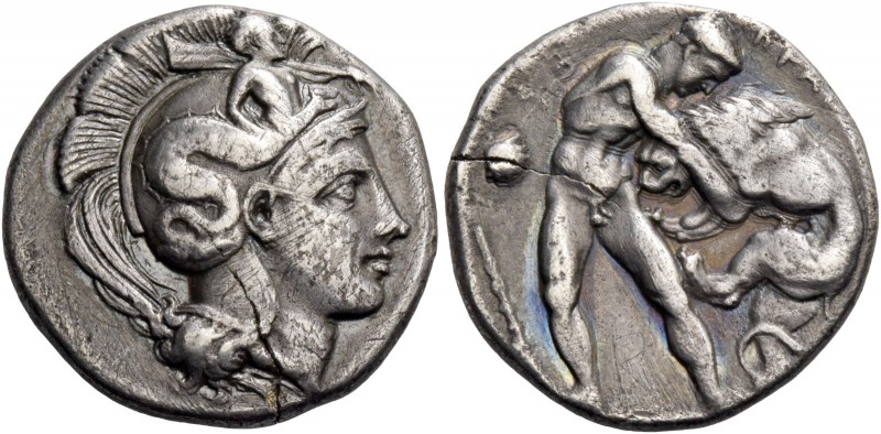 Lucania, Heraclea. Nomos circa 390-340, AR 6.57 g. Head of Athena r., wearing At...